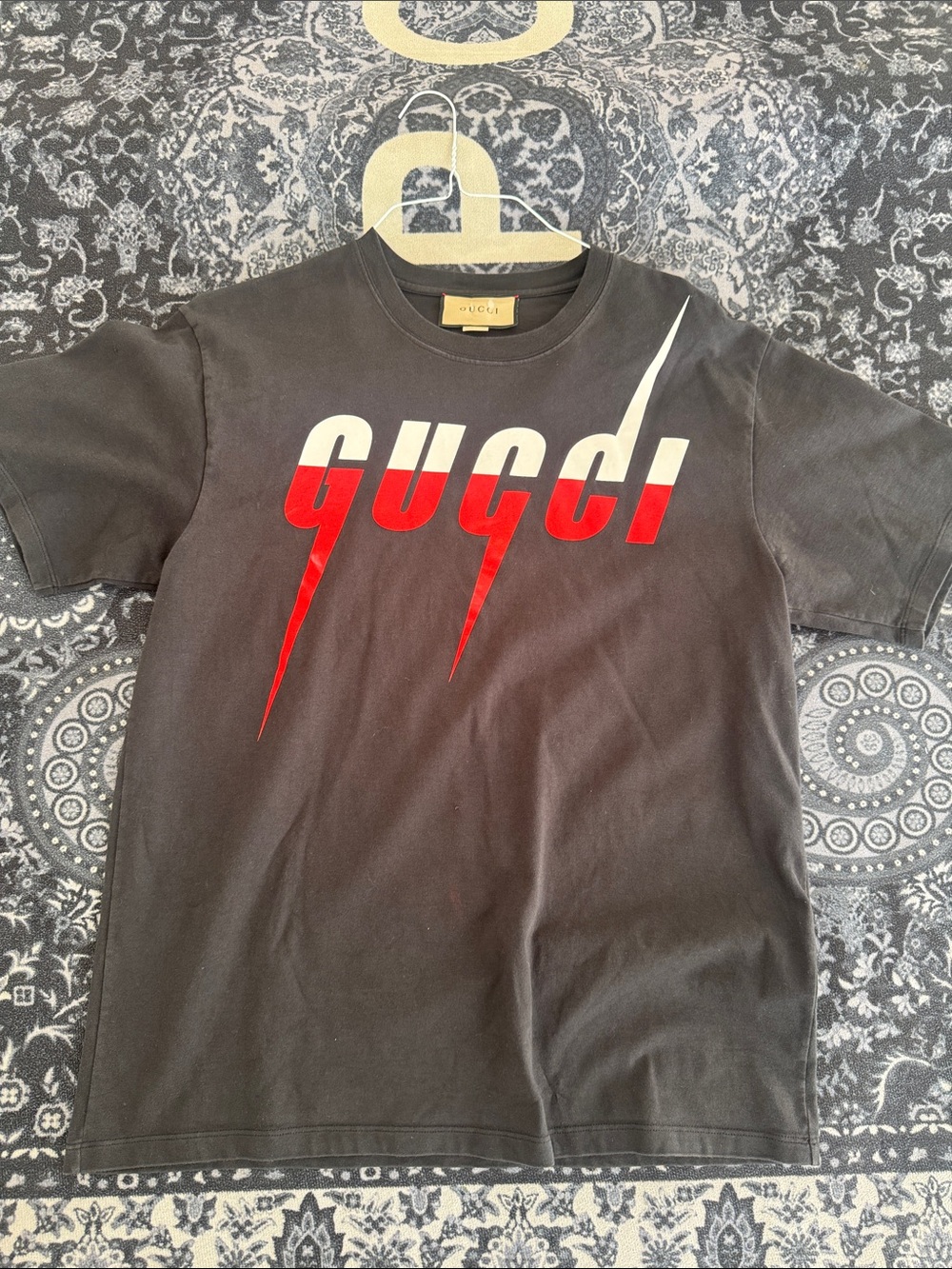 Gucci Black Short Sleeve Tee with Red and White Logo